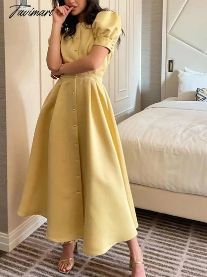 Women's Dress Single Breasted Lantern Sleeve A-line Dresses High Waist Split Mid-Length New Elegant and Pretty Dress for Women