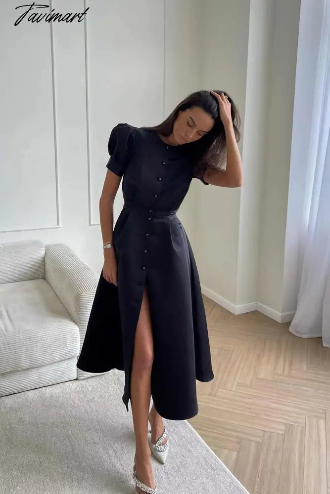 Women's Dress Single Breasted Lantern Sleeve A-line Dresses High Waist Split Mid-Length New Elegant and Pretty Dress for Women