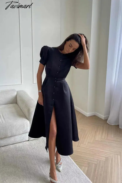 Women's Dress Single Breasted Lantern Sleeve A-line Dresses High Waist Split Mid-Length New Elegant and Pretty Dress for Women