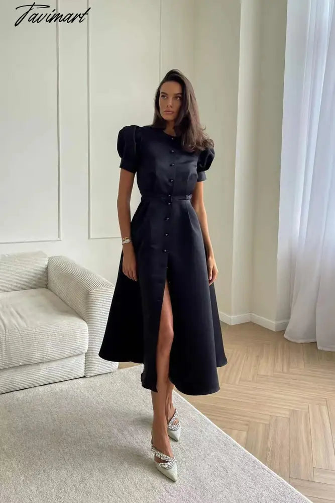 Women's Dress Single Breasted Lantern Sleeve A-line Dresses High Waist Split Mid-Length New Elegant and Pretty Dress for Women