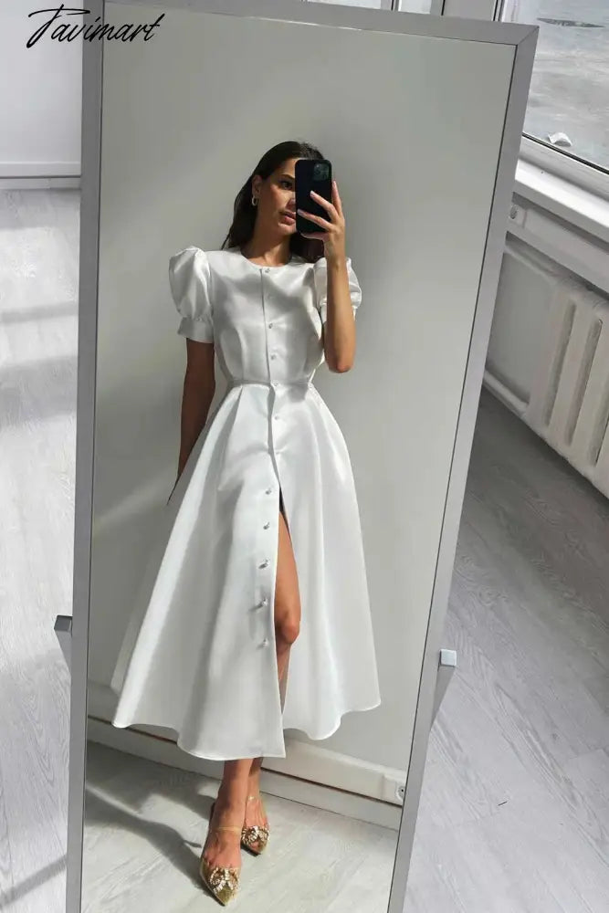 Women's Dress Single Breasted Lantern Sleeve A-line Dresses High Waist Split Mid-Length New Elegant and Pretty Dress for Women