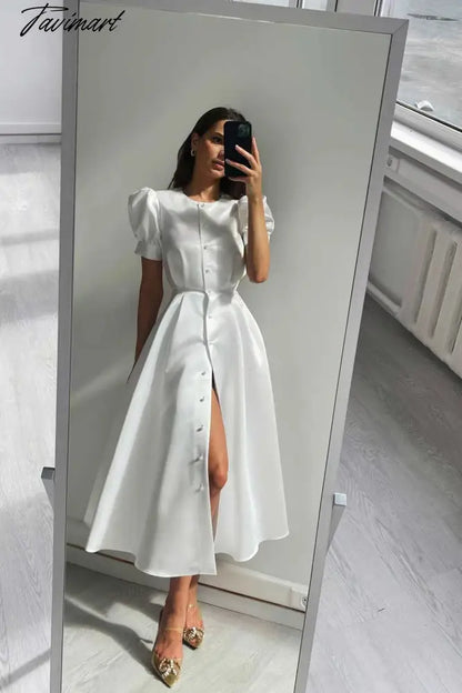 Women's Dress Single Breasted Lantern Sleeve A-line Dresses High Waist Split Mid-Length New Elegant and Pretty Dress for Women