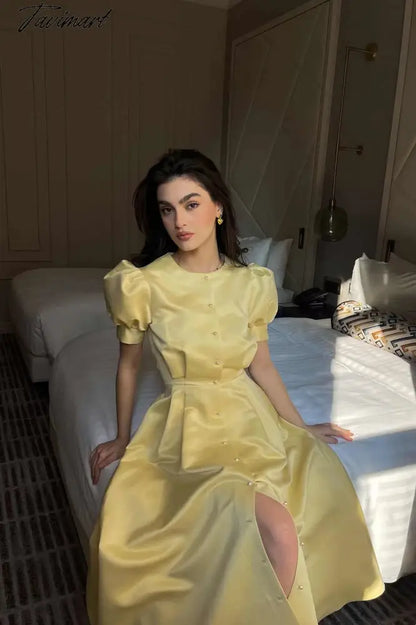 Women's Dress Single Breasted Lantern Sleeve A-line Dresses High Waist Split Mid-Length New Elegant and Pretty Dress for Women