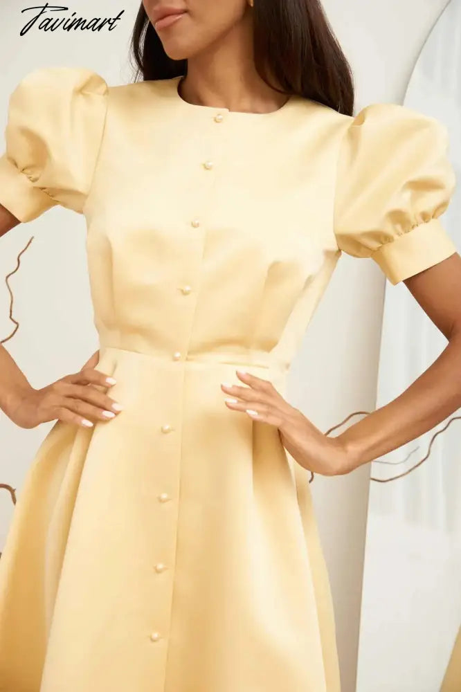 Women's Dress Single Breasted Lantern Sleeve A-line Dresses High Waist Split Mid-Length New Elegant and Pretty Dress for Women