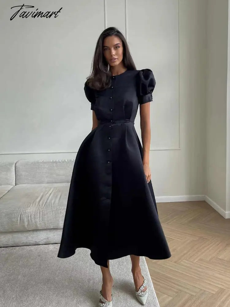 Women's Dress Single Breasted Lantern Sleeve A-line Dresses High Waist Split Mid-Length New Elegant and Pretty Dress for Women