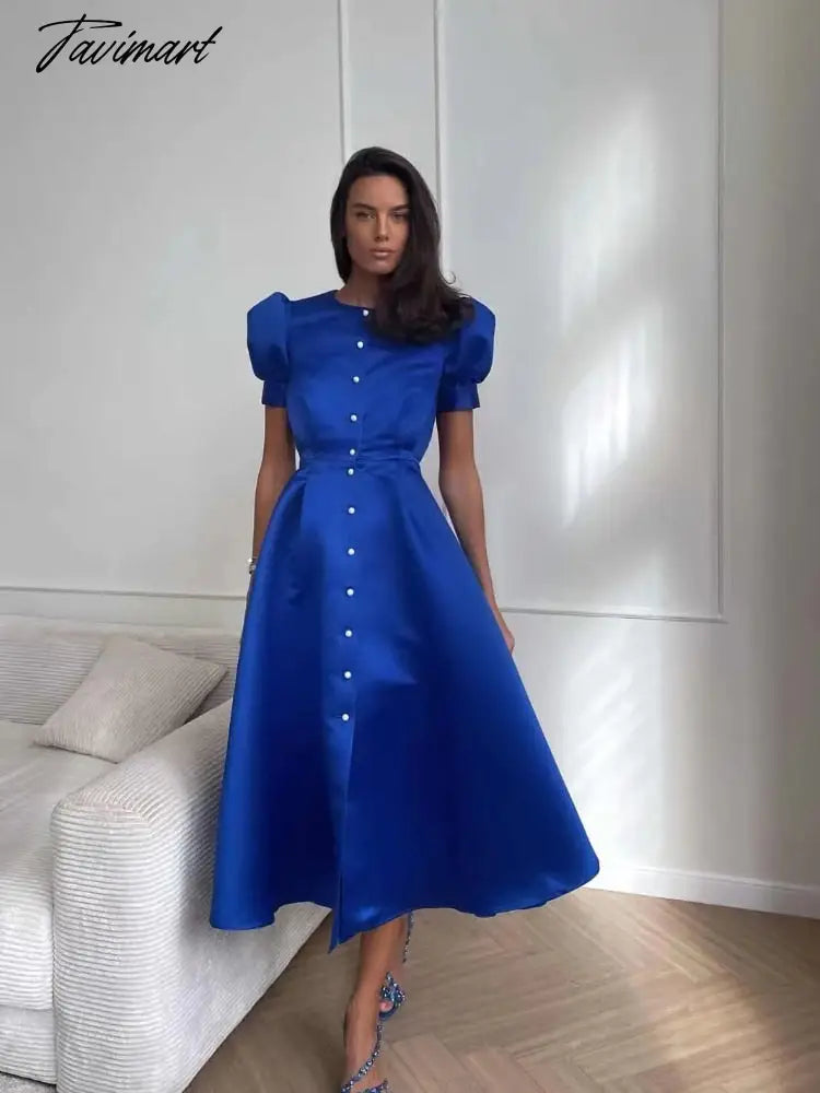Women's Dress Single Breasted Lantern Sleeve A-line Dresses High Waist Split Mid-Length New Elegant and Pretty Dress for Women