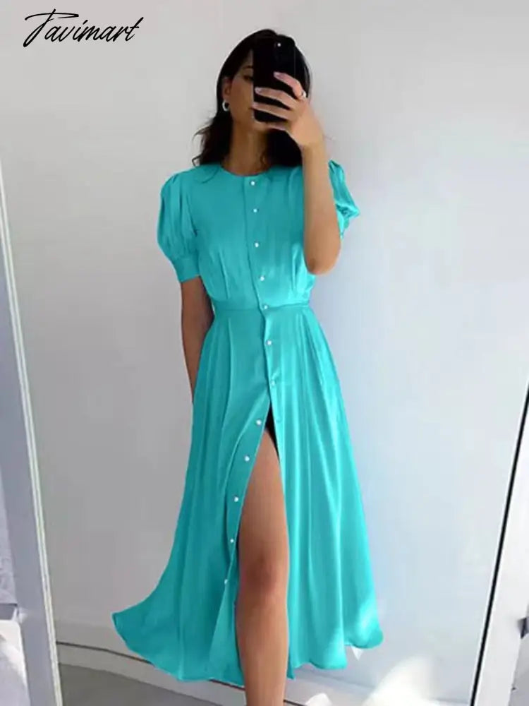 Women's Dress Single Breasted Lantern Sleeve A-line Dresses High Waist Split Mid-Length New Elegant and Pretty Dress for Women