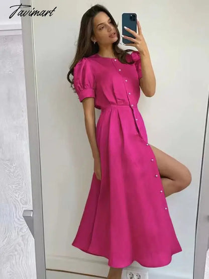 Women's Dress Single Breasted Lantern Sleeve A-line Dresses High Waist Split Mid-Length New Elegant and Pretty Dress for Women