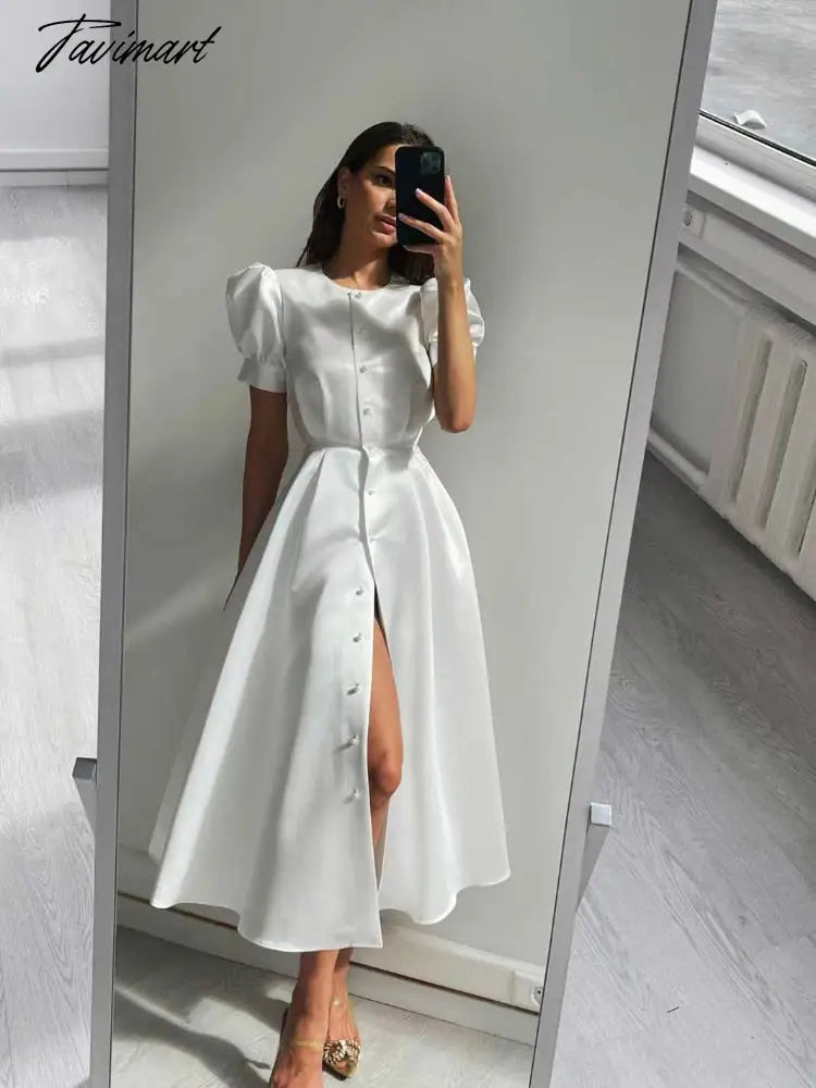 Women's Dress Single Breasted Lantern Sleeve A-line Dresses High Waist Split Mid-Length New Elegant and Pretty Dress for Women