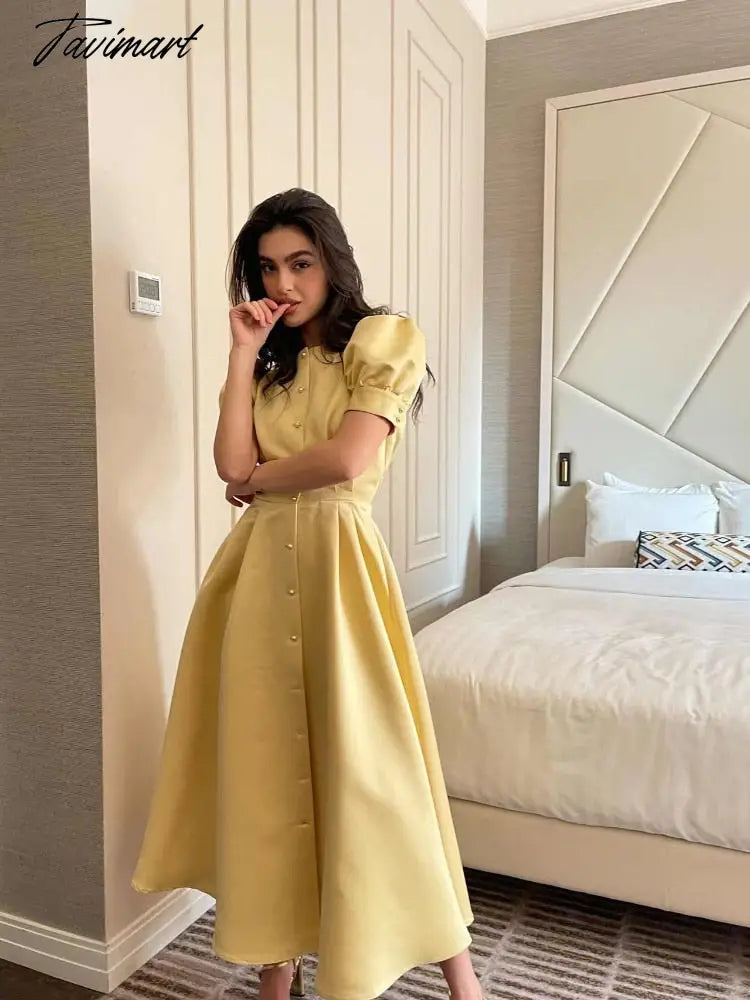 Women's Dress Single Breasted Lantern Sleeve A-line Dresses High Waist Split Mid-Length New Elegant and Pretty Dress for Women