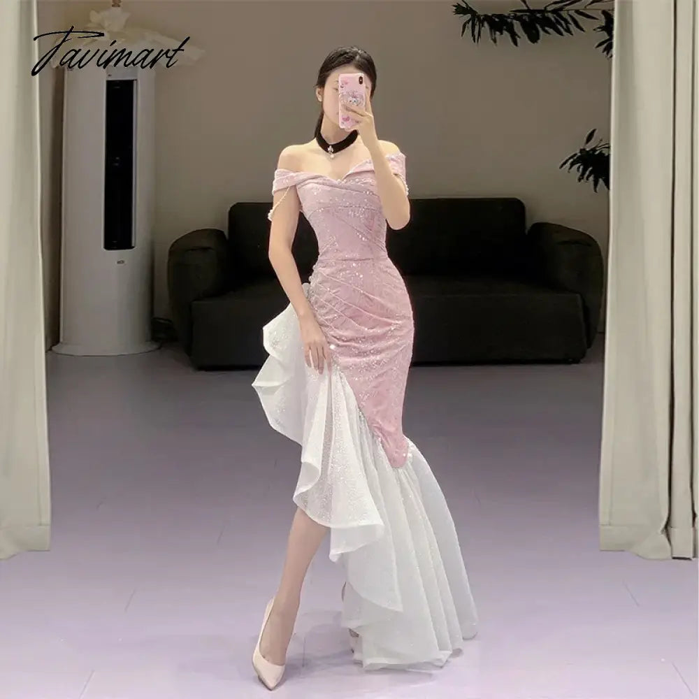 Women's Evening Party Dress Sexy Off The Shoulder Sequins Beading Slim Ruffles Fishtail Skirts Dubai Dresses for Women Vestidos