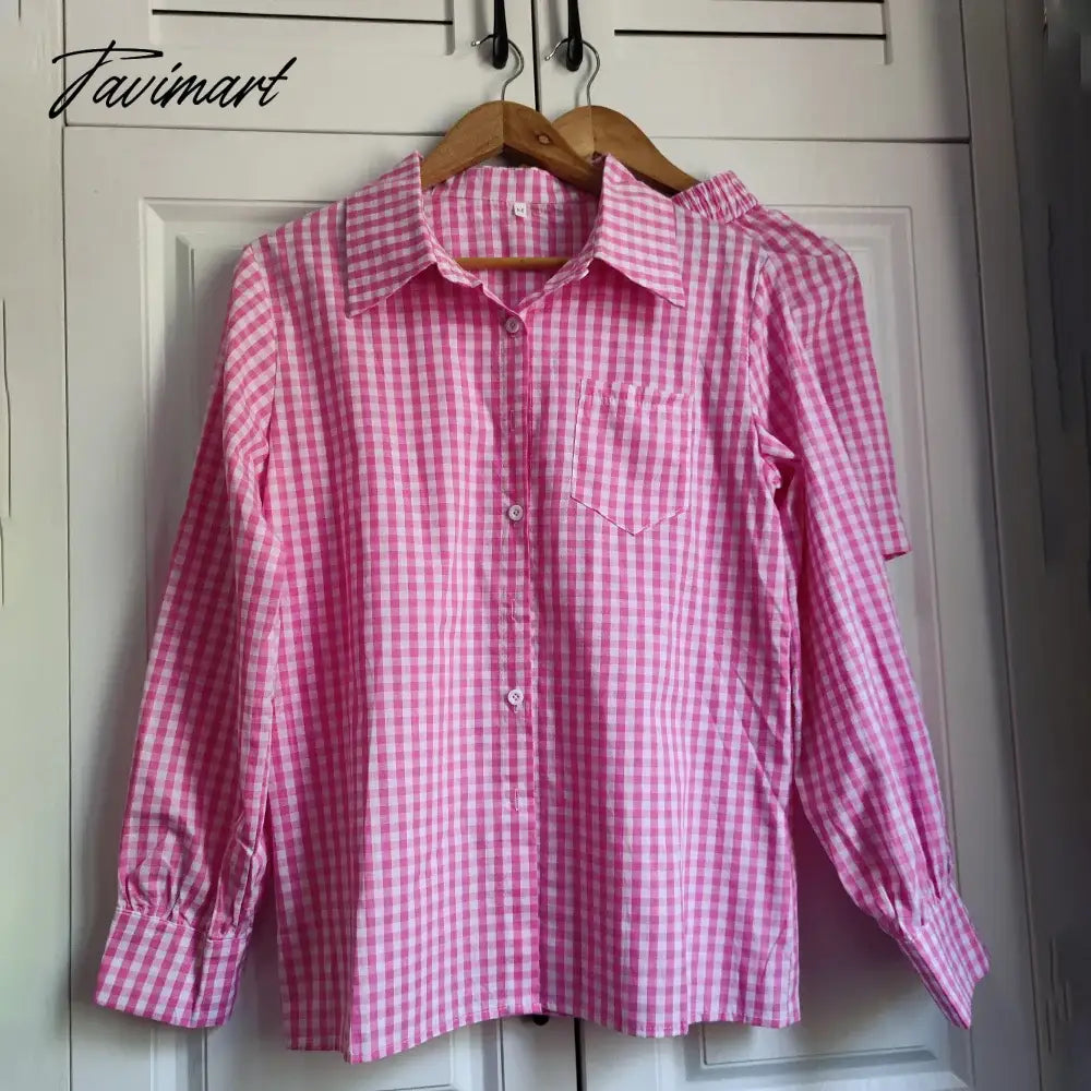 Women's Home Clothes Lounge Wear Pajamas Pink Plaid Long Sleeve Shirt Tops and High Waisted Mini Shorts Two Piece Set Tracksuit