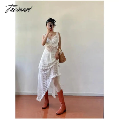 Women's Sexy Lace Spaghetti Strap Dress Europe and America Simple Hollow Out Design Sense Female Summer White Irregular Dress