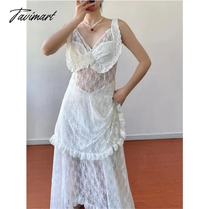 Women's Sexy Lace Spaghetti Strap Dress Europe and America Simple Hollow Out Design Sense Female Summer White Irregular Dress