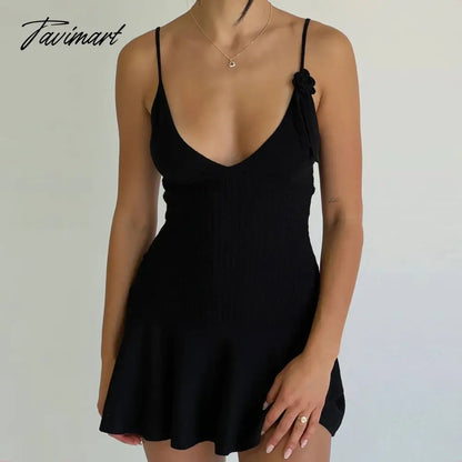 Women's Summer Beach Casual Vacation Solid Color Sling Knit Flower Sexy V-Neck Backless Pleated Party Mini Dress