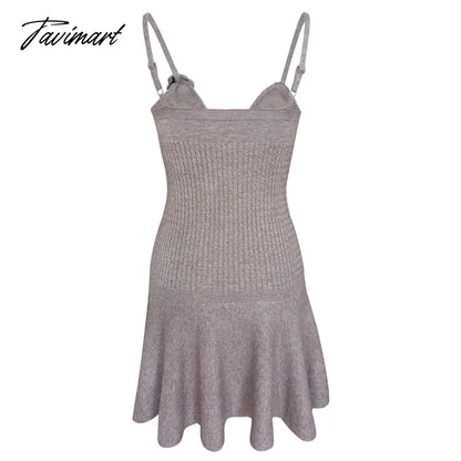 Women's Summer Beach Casual Vacation Solid Color Sling Knit Flower Sexy V-Neck Backless Pleated Party Mini Dress