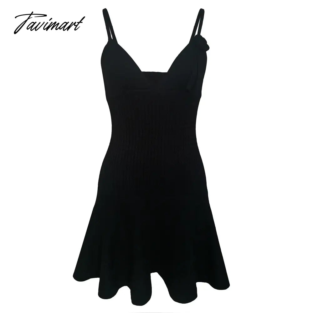 Women's Summer Beach Casual Vacation Solid Color Sling Knit Flower Sexy V-Neck Backless Pleated Party Mini Dress