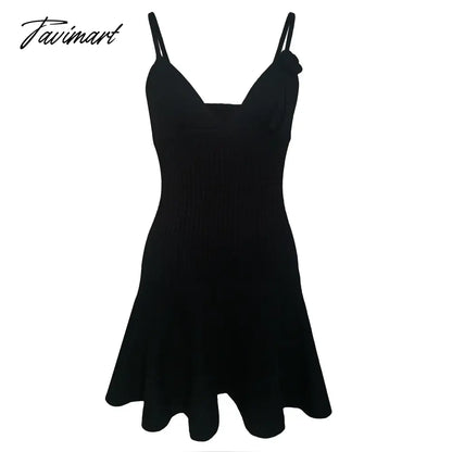 Women's Summer Beach Casual Vacation Solid Color Sling Knit Flower Sexy V-Neck Backless Pleated Party Mini Dress