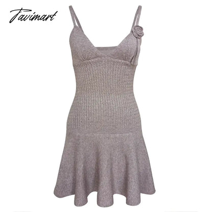 Women's Summer Beach Casual Vacation Solid Color Sling Knit Flower Sexy V-Neck Backless Pleated Party Mini Dress