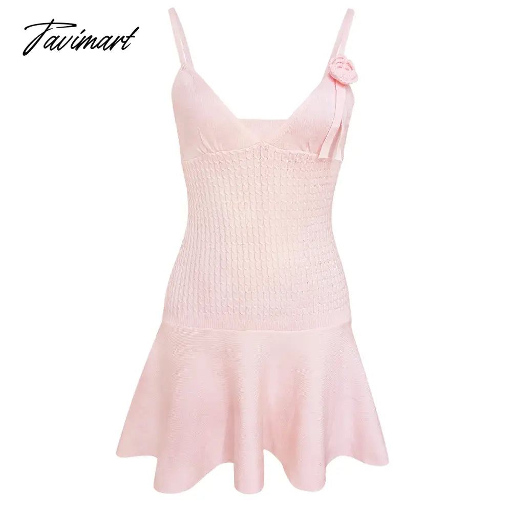 Women's Summer Beach Casual Vacation Solid Color Sling Knit Flower Sexy V-Neck Backless Pleated Party Mini Dress