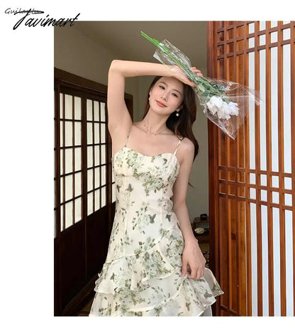 Women's Summer Floral Beach Midi Dress V Neck Sleeveless Spaghetti Strap Backless Ruffle Dress Elegant Casual Party Slip Dresses