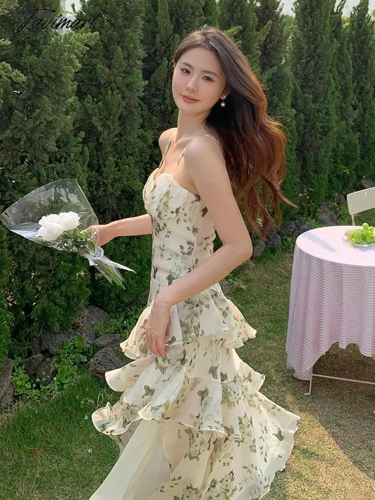Women's Summer Floral Beach Midi Dress V Neck Sleeveless Spaghetti Strap Backless Ruffle Dress Elegant Casual Party Slip Dresses