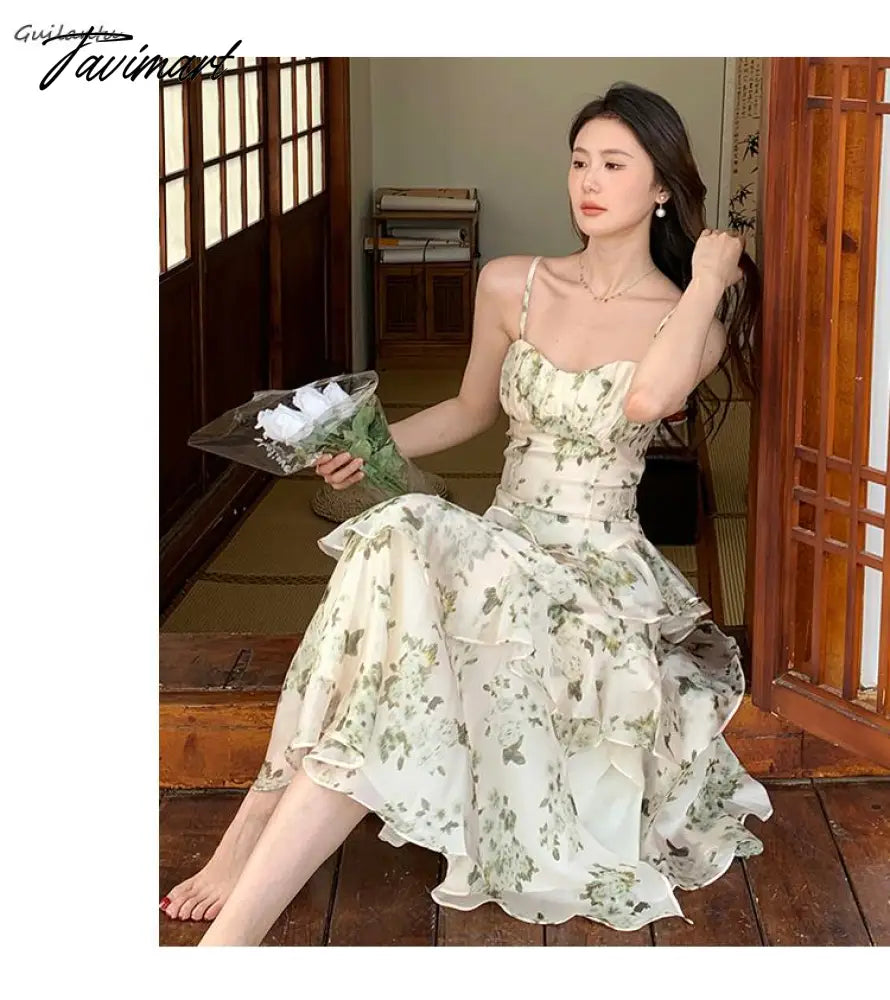Women's Summer Floral Beach Midi Dress V Neck Sleeveless Spaghetti Strap Backless Ruffle Dress Elegant Casual Party Slip Dresses