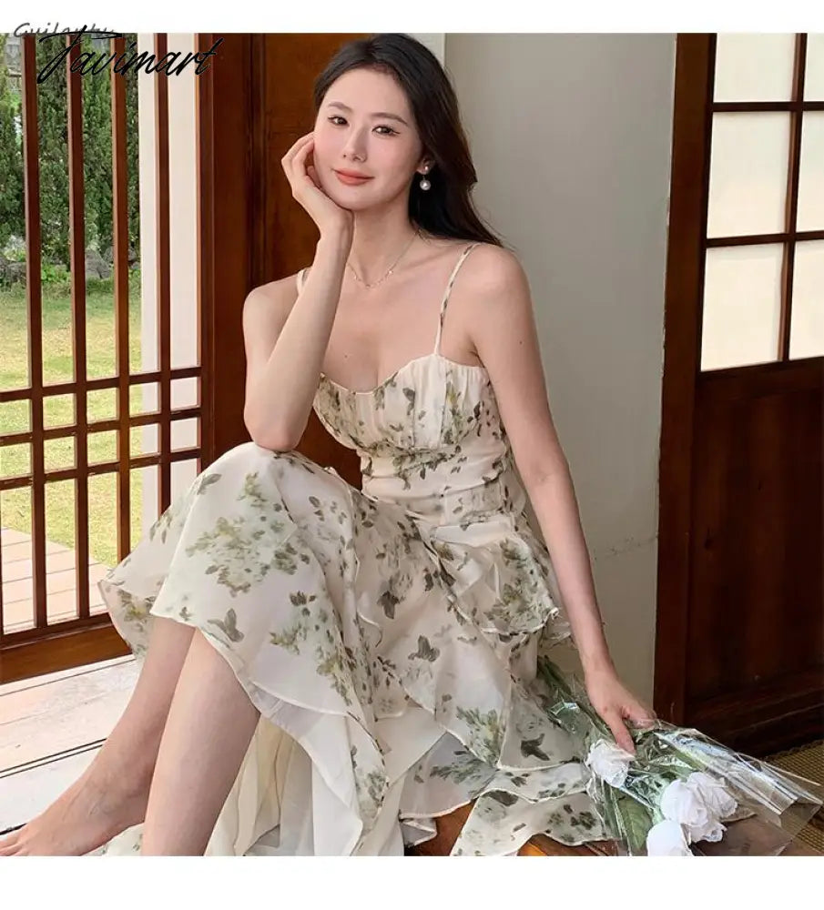 Women's Summer Floral Beach Midi Dress V Neck Sleeveless Spaghetti Strap Backless Ruffle Dress Elegant Casual Party Slip Dresses