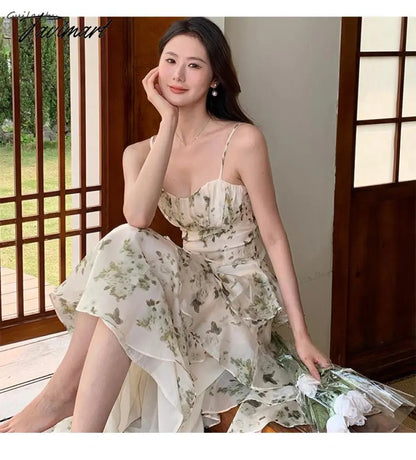 Women's Summer Floral Beach Midi Dress V Neck Sleeveless Spaghetti Strap Backless Ruffle Dress Elegant Casual Party Slip Dresses