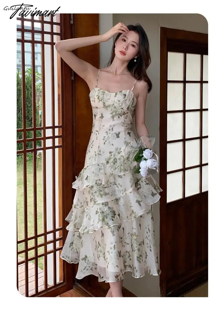 Women's Summer Floral Beach Midi Dress V Neck Sleeveless Spaghetti Strap Backless Ruffle Dress Elegant Casual Party Slip Dresses