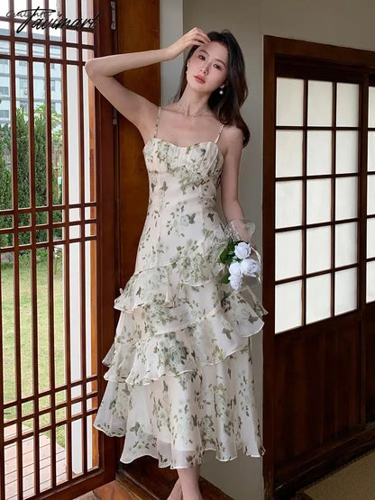 Women's Summer Floral Beach Midi Dress V Neck Sleeveless Spaghetti Strap Backless Ruffle Dress Elegant Casual Party Slip Dresses
