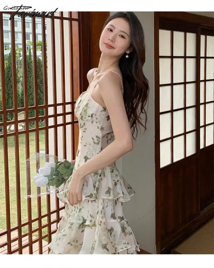 Women's Summer Floral Beach Midi Dress V Neck Sleeveless Spaghetti Strap Backless Ruffle Dress Elegant Casual Party Slip Dresses