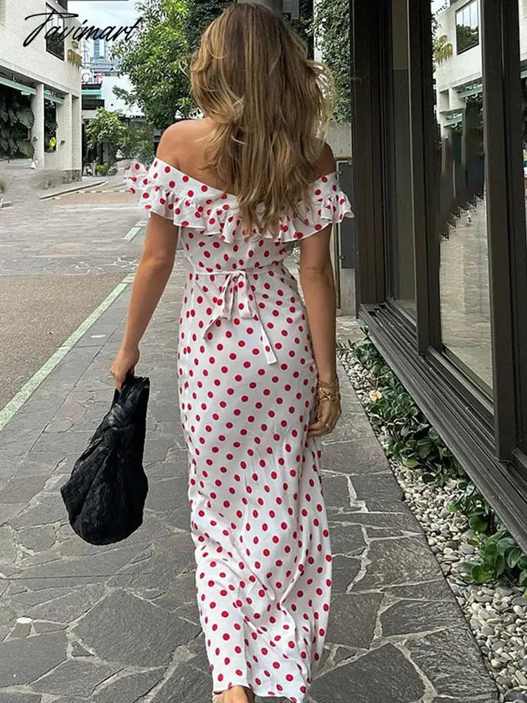 Women's Summer Polka Dot Printed A-Line Dress Sexy one word neckline dresses Ruffled Vintage Dresses Home Party Dresses y2k