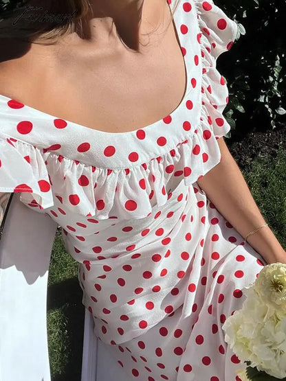 Women's Summer Polka Dot Printed A-Line Dress Sexy one word neckline dresses Ruffled Vintage Dresses Home Party Dresses y2k