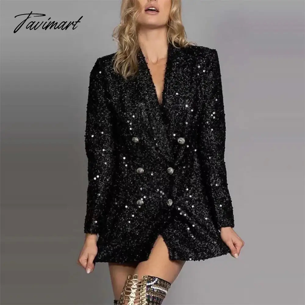 Women Sequin Double-Breasted Commuting Office Suit Jacket New Autumn Winter Slim Long Top Sexy Female V Neck Party Shiny Outwear