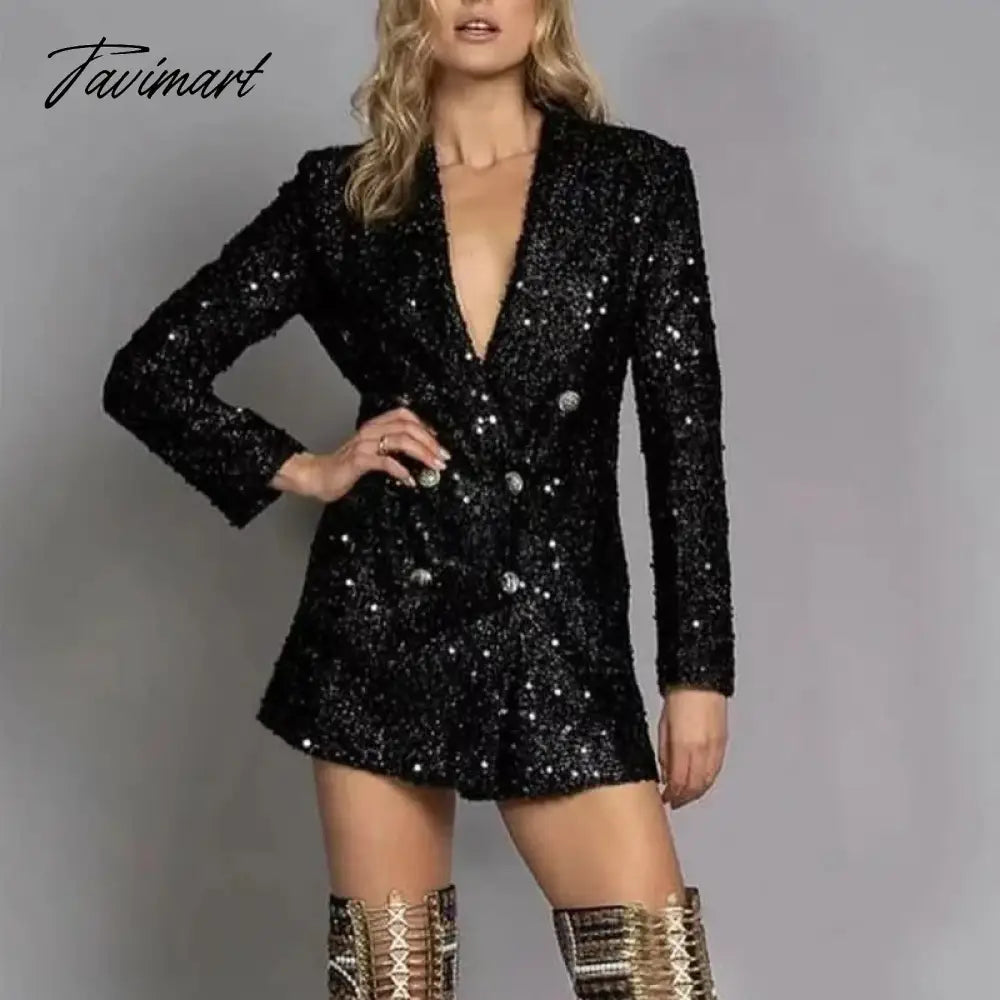 Women Sequin Double-Breasted Commuting Office Suit Jacket New Autumn Winter Slim Long Top Sexy Female V Neck Party Shiny Outwear