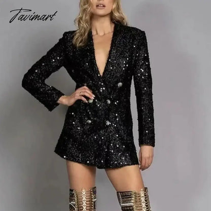 Women Sequin Double-Breasted Commuting Office Suit Jacket New Autumn Winter Slim Long Top Sexy Female V Neck Party Shiny Outwear