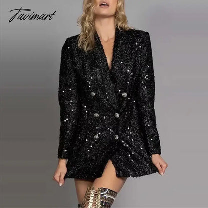 Women Sequin Double-Breasted Commuting Office Suit Jacket New Autumn Winter Slim Long Top Sexy Female V Neck Party Shiny Outwear