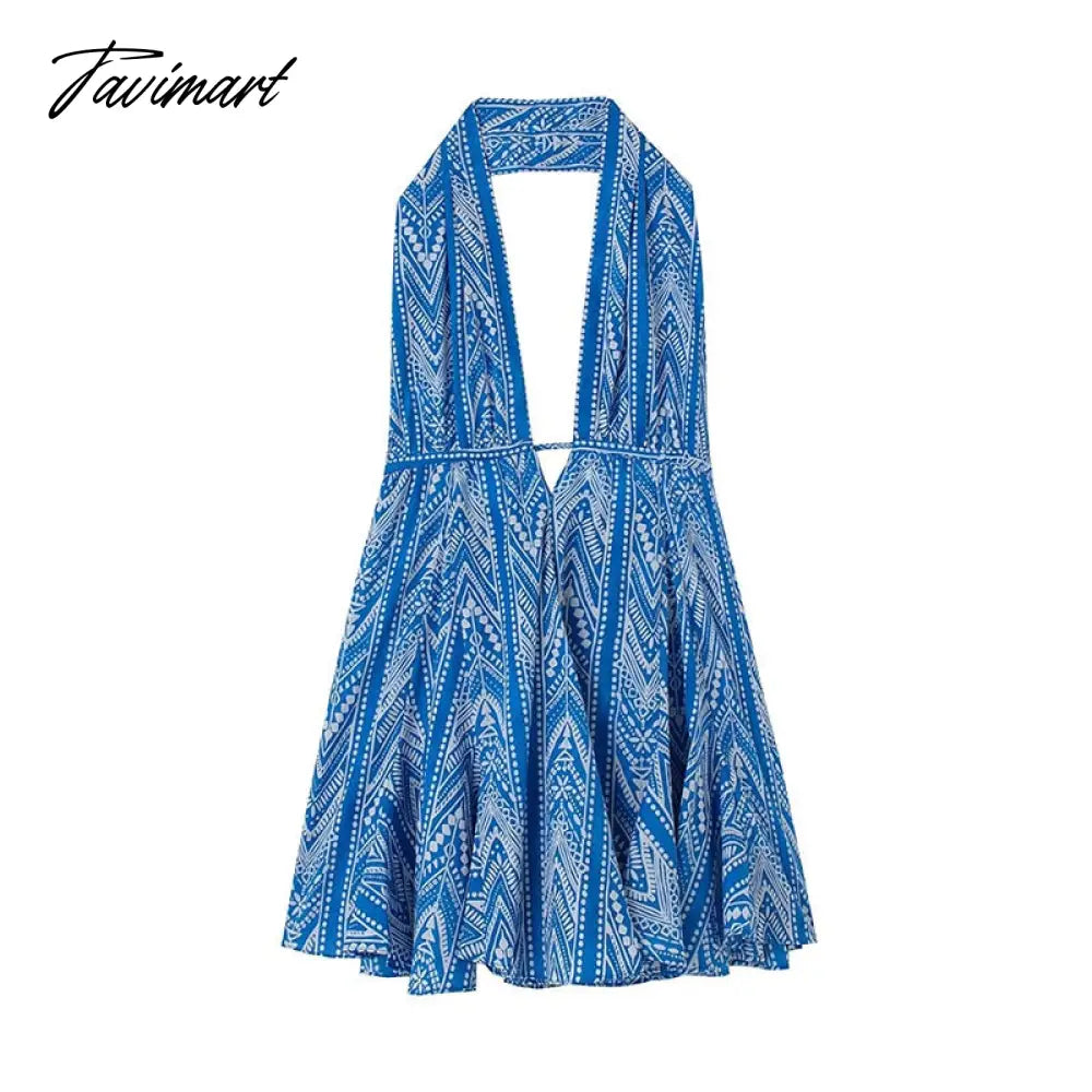 Women Sexy Halterneck Backless Lace Up Printed Short Dress Elegant Ruffled Mini Skirt Summer New Fashion Party Beach Dress