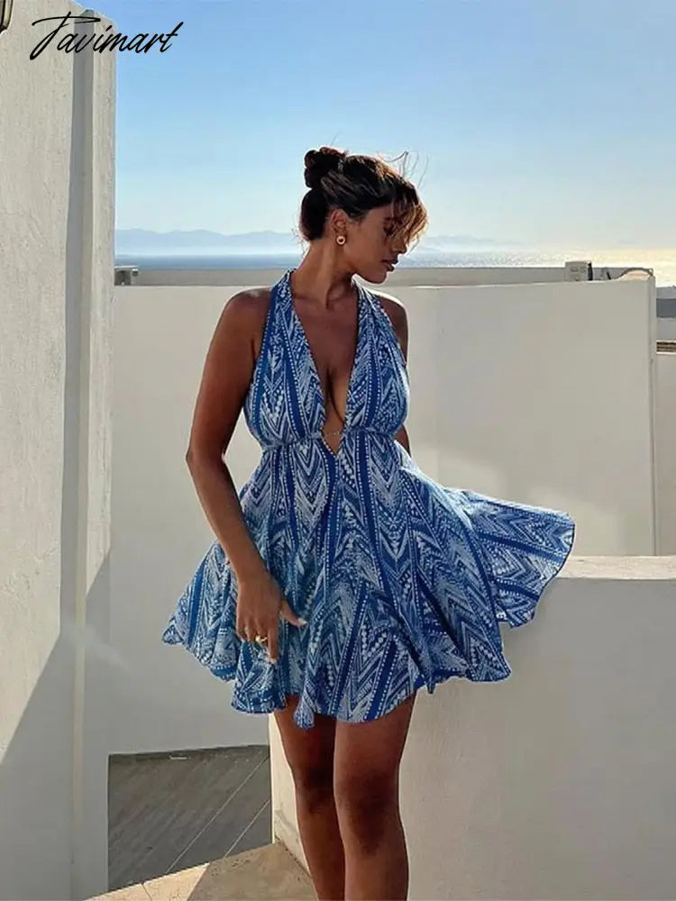 Women Sexy Halterneck Backless Lace Up Printed Short Dress Elegant Ruffled Mini Skirt Summer New Fashion Party Beach Dress