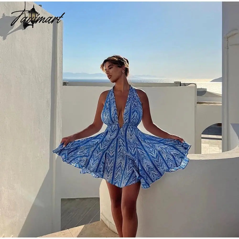 Women Sexy Halterneck Backless Lace Up Printed Short Dress Elegant Ruffled Mini Skirt Summer New Fashion Party Beach Dress