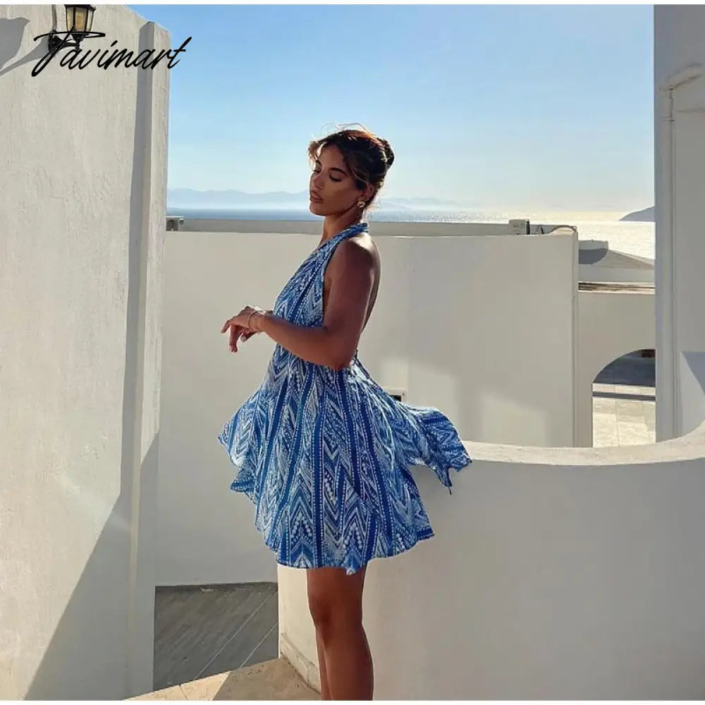 Women Sexy Halterneck Backless Lace Up Printed Short Dress Elegant Ruffled Mini Skirt Summer New Fashion Party Beach Dress