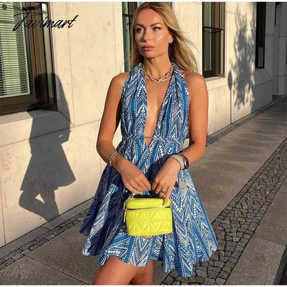 Women Sexy Halterneck Backless Lace Up Printed Short Dress Elegant Ruffled Mini Skirt Summer New Fashion Party Beach Dress