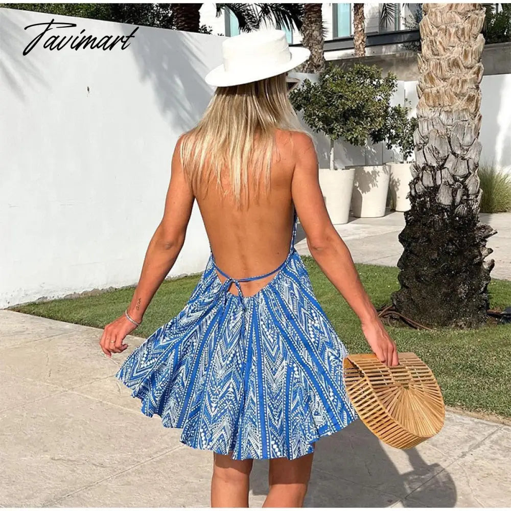 Women Sexy Halterneck Backless Lace Up Printed Short Dress Elegant Ruffled Mini Skirt Summer New Fashion Party Beach Dress