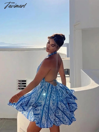 Women Sexy Halterneck Backless Lace Up Printed Short Dress Elegant Ruffled Mini Skirt Summer New Fashion Party Beach Dress