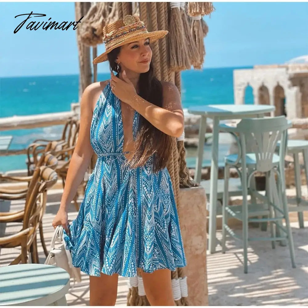 Women Sexy Halterneck Backless Lace Up Printed Short Dress Elegant Ruffled Mini Skirt Summer New Fashion Party Beach Dress