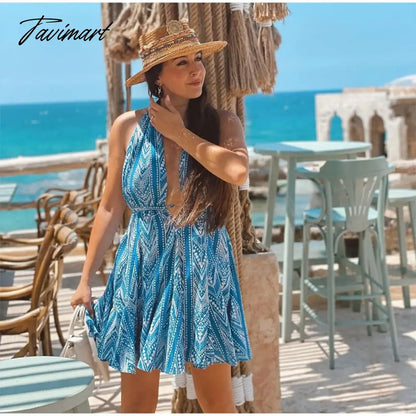 Women Sexy Halterneck Backless Lace Up Printed Short Dress Elegant Ruffled Mini Skirt Summer New Fashion Party Beach Dress