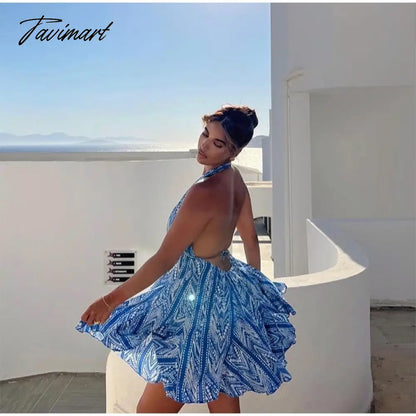 Women Sexy Halterneck Backless Lace Up Printed Short Dress Elegant Ruffled Mini Skirt Summer New Fashion Party Beach Dress