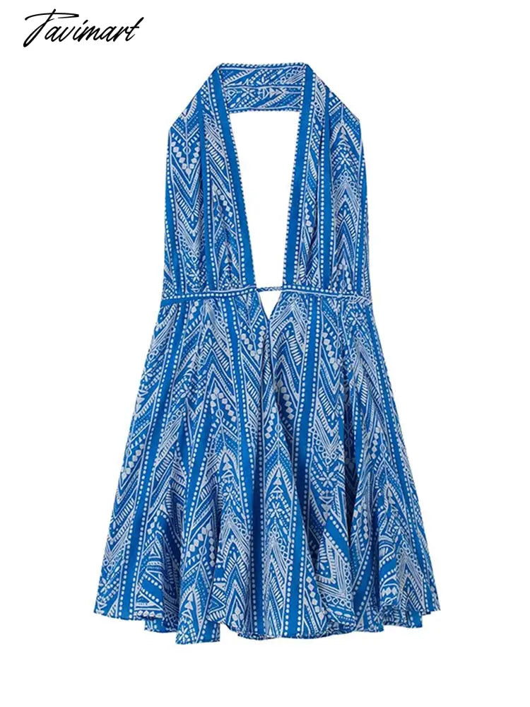 Women Sexy Halterneck Backless Lace Up Printed Short Dress Elegant Ruffled Mini Skirt Summer New Fashion Party Beach Dress