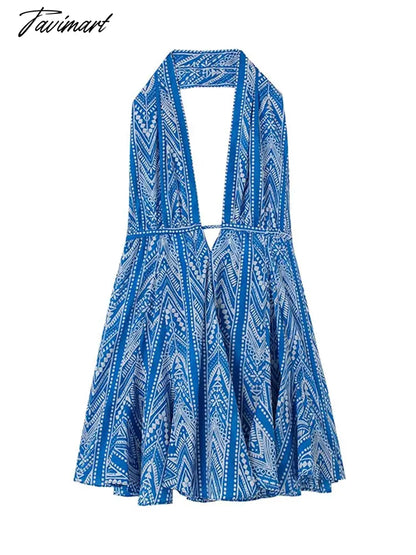Women Sexy Halterneck Backless Lace Up Printed Short Dress Elegant Ruffled Mini Skirt Summer New Fashion Party Beach Dress